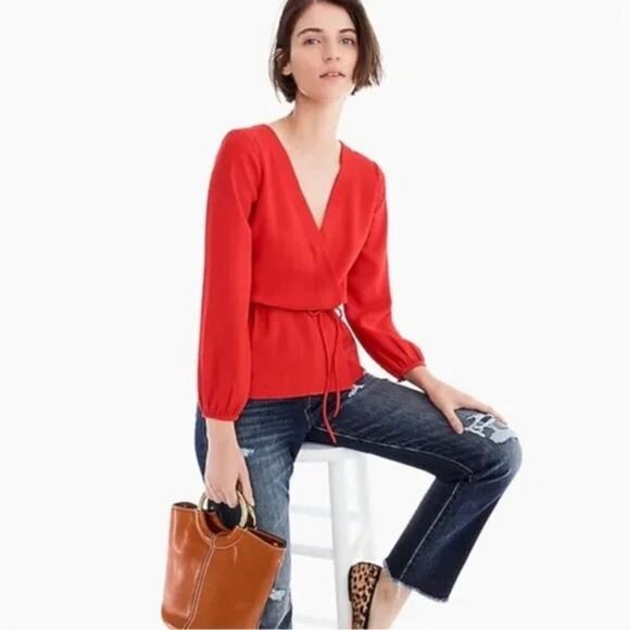 J Crew red crepe faux‎ wrap long sleeves blouse size 10 romantic date night - Picture 1 of 9